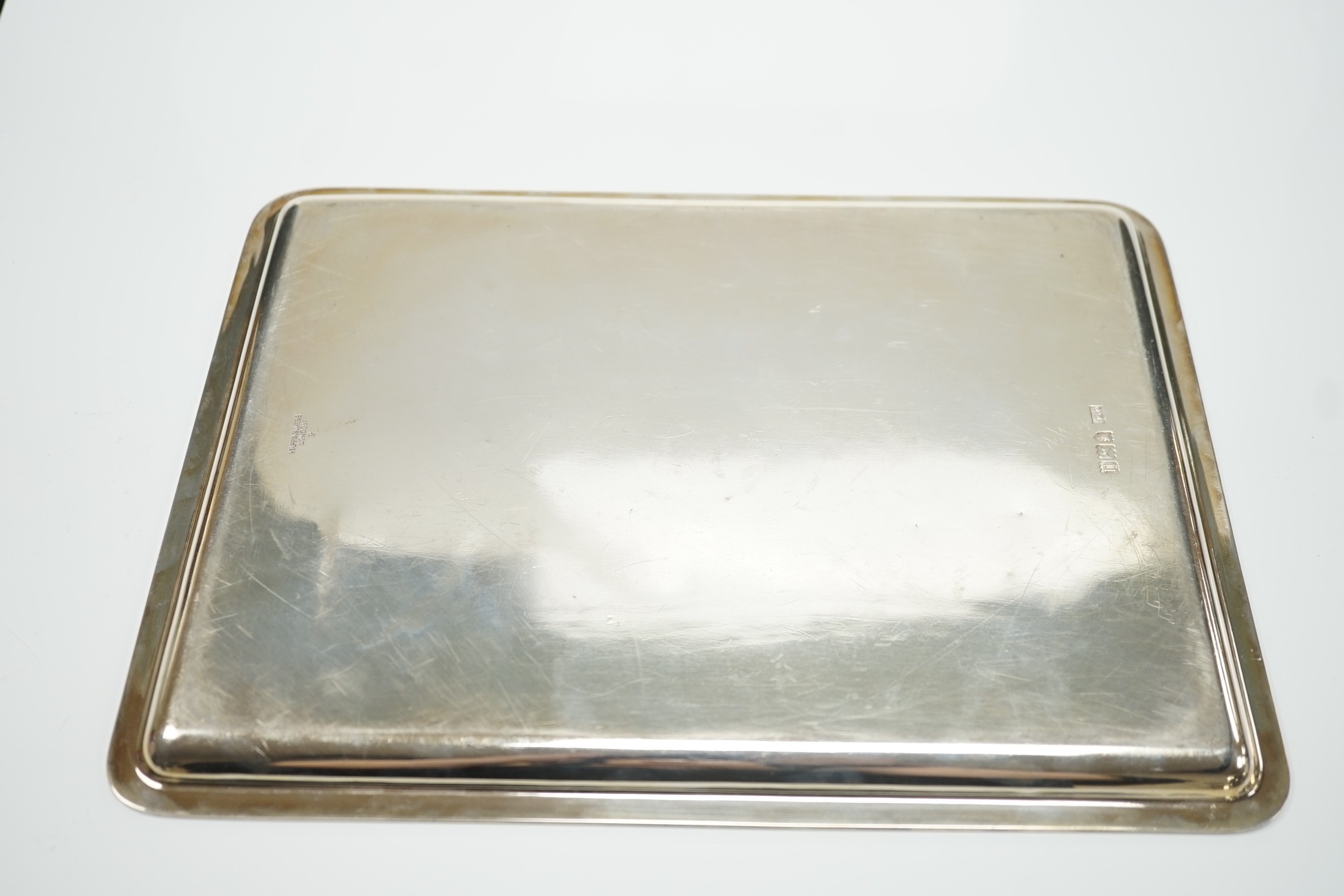 A George V engine turned silver dressing table tray, by Mappin & Webb, London 1915, 27.5cm, 15.3oz.